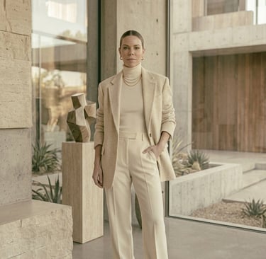 Monochrome neutral outfit featuring cream trousers and oversized blazer