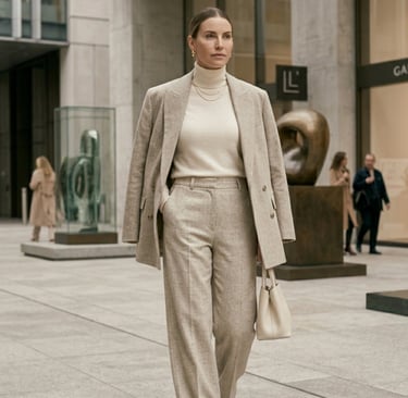 Woman with slicked-back bun, glowing skin, and minimalist luxury styling in a quiet luxury fashion a