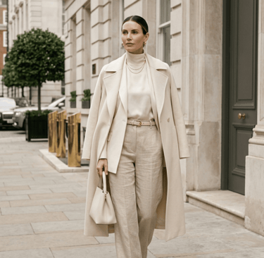 Woman wearing a monochrome cream and beige luxury outfit with minimalist styling and premium texture
