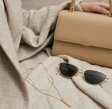 Gold jewelry, neutral handbag, and minimalist accessories styled with quiet luxury fashion aesthetic