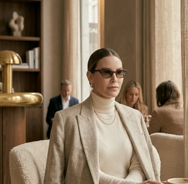 Elegant woman relaxing in upscale café wearing monochrome neutral quiet luxury outfit with minimalis