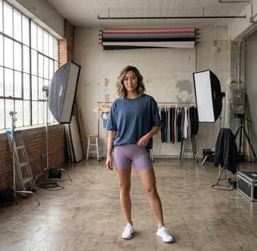 Model wearing Lululemon Lavender Align Shorts and Oversized Blue Tee