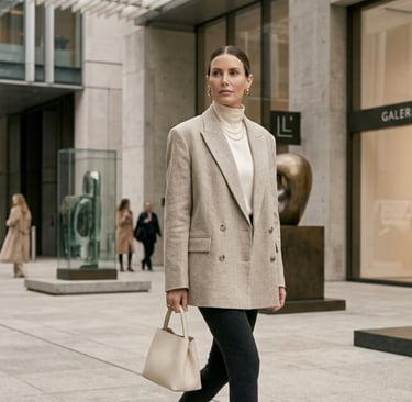 Woman wearing oversized blazer layered over fitted neutral basics in a modern luxury fashion setting