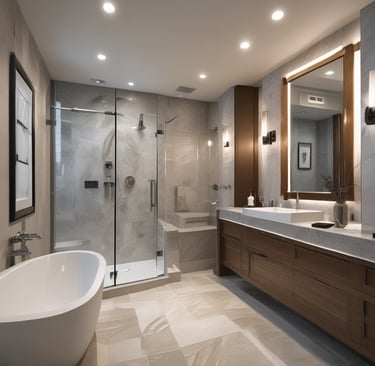 Modern bathroom renovation featuring sleek fixtures and a spacious walk-in shower with glass doors.