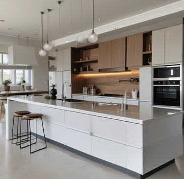 Spacious kitchen island with custom cabinetry and subtle under-cabinet lighting creating a warm ambiance.