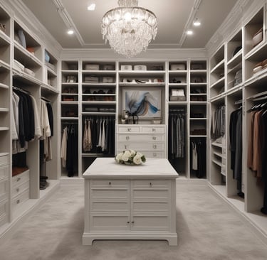 Elegant closet design showcasing organized shelves and minimalist hardware in a light, airy space.
