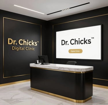 A cozy workspace with a computer displaying animated characters and AI diagrams, symbolizing Dr. Chicks' creative consulting.