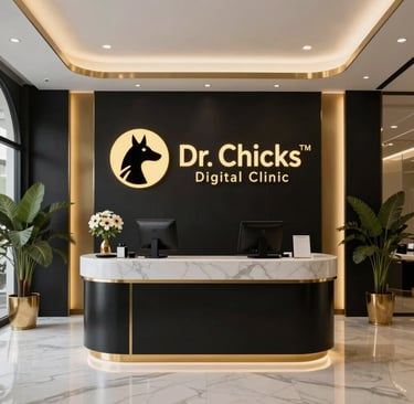 A vibrant animated character from Dr. Chicks engaging with AI technology in a bright, modern classroom setting.