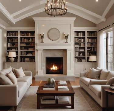 Interior view of a bright living room remodel with custom built-ins.