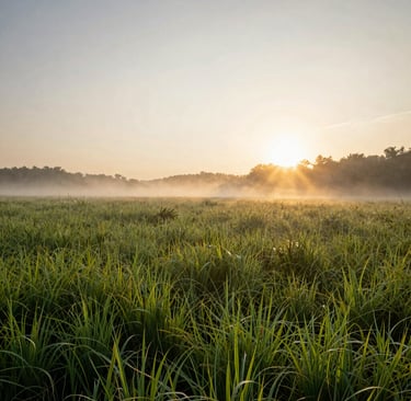 A breathtaking wide-angle shot of a lush North American meadow at dawn. Soft golden sunlight filters through the morning mist and tall green grass, creating a tranquil atmosphere of hope and new beginnings.