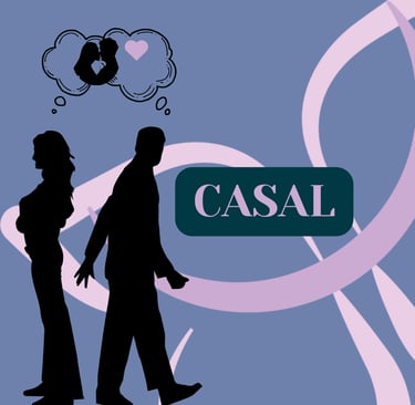 Ilustração de um casal pensando em amor, palavra CASAL em destaque, representando terapia de casais.