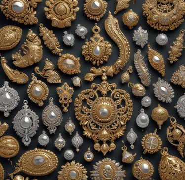 An assortment of traditional ornaments displayed on a wooden tray, highlighting craftsmanship.