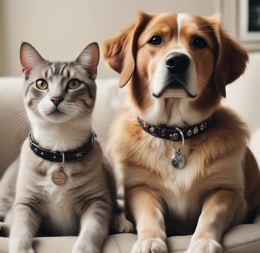 A friendly pet owner holding a happy dog with a colorful collar in a cozy home setting.