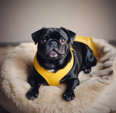 A happy dog wearing a colorful collar and leash set in a sunny park.