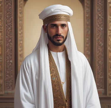 A neatly pressed jubba hanging on a minimalist wooden hanger against a cream-colored wall, evoking calm and tradition
