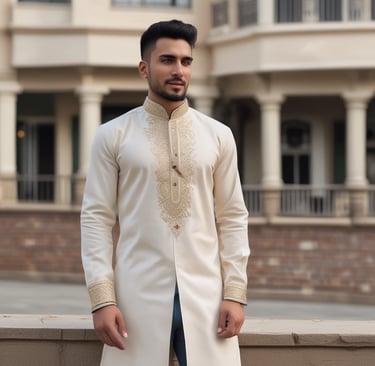 An elegant folded panjabi in deep navy blue, laid out on a wooden surface with subtle embroidery details visible