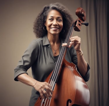 A warm, inviting photo of a mature woman smiling gently, seated comfortably with a notebook and pen, suggesting openness and readiness to reconnect with her dreams.