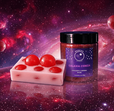 Set de exfoliante corporal y jabón artesanal «Galaxia Cereza» sobre un fondo de galaxia cósmica.