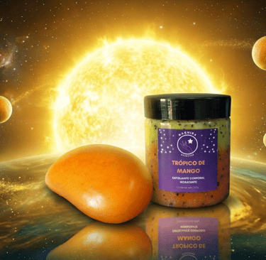 Tarro de exfoliante corporal de mango tropical y jabón de mango flotando en el espacio cósmico junto a un sol brillante.