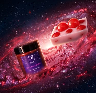 Exfoliante corporal y jabón artesanal «Galaxia Cereza», flotando en una vibrante nebulosa roja