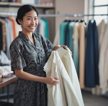 A smiling staff member inspecting a perfectly cleaned evening gown under soft lighting.