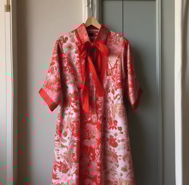 Smiling woman holding a neatly folded dress, standing in a bright, stylish dry cleaning shop.
