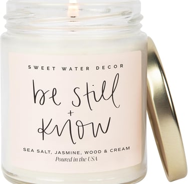 Sweet Water Decor, Be Still and Know, Sea Salt, Jasmine, Cream, and Wood Scented Soy Wax Candle for 