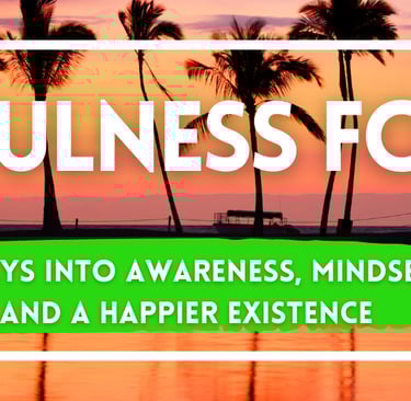 Tropical sunset, It reads: Mindfulness for Men: Forays into awarenessm mindsets, and happiness