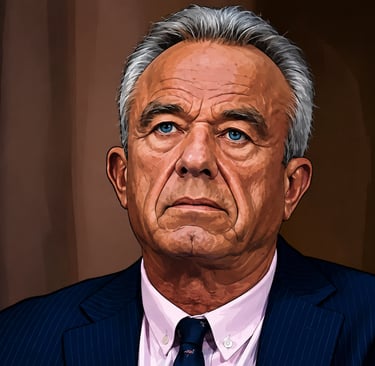 Digital portrait illustration of Robert F. Kennedy Jr. wearing a navy suit and pink shirt.
