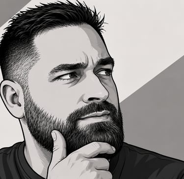 Black and white digital illustration of a pensive man with a thick beard and short hair.