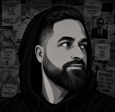 Monochrome illustration of a bearded man in a hoodie against a conspiracy theory mood board background.