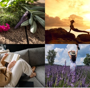 Wellness für Frauen ab 40: Collage mit Kräutermedizin, Yoga bei Sonnenuntergang und Entspannung im L
