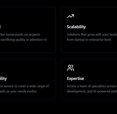 Wide grid of dark benefit cards labeled Affordability, Speed, Scalability, Consistency, Support, Fle