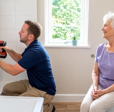 Caregiver installing a bathroom grab bar for a senior woman as part of a home safety checklist in Ok