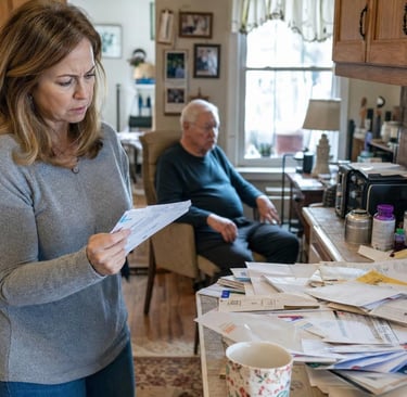 Concerned daughter noticing unopened mail and clutter, a subtle sign her aging parent needs help