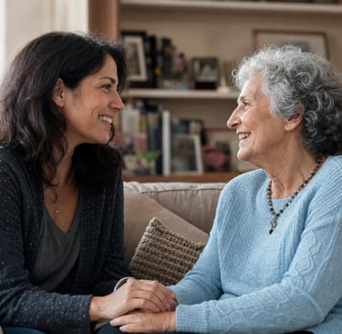 Adult daughter comforting her senior mother at home, recognizing signs of aging parent isolation in