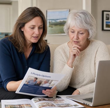 Daughter and senior mother comparing companion care, home health, and assisted living options in Okl