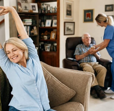 Relieved family caregiver taking a respite break while a professional caregiver helps a senior man a