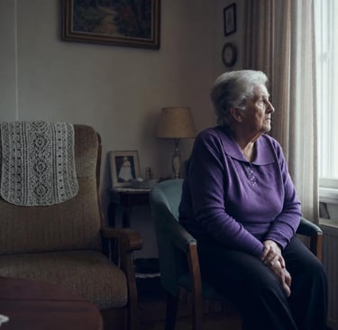 Lonely senior woman sitting alone by a window, a quiet sign of isolation in aging parents