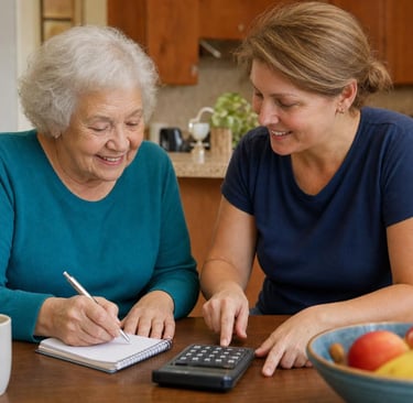 Senior woman and home care companion reviewing companion care costs and budget in Oklahoma City