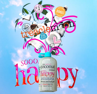 Treaclemoon Coconut Island graphic with colourful typography, coconuts and product packaging
