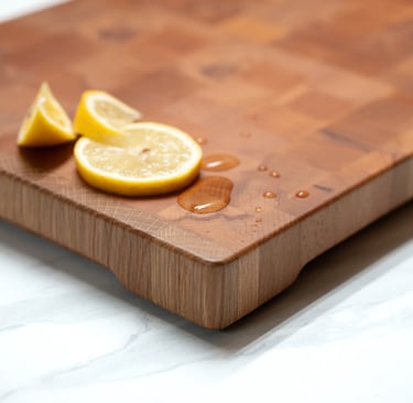 Close-up of a wooden chopping board corner with fresh lemon and water droplets