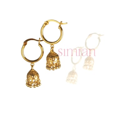 Branded social-media image featuring gold jhumka hoop earring