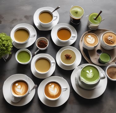 a table with cups of coffee and a cup of coffee