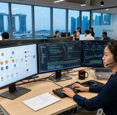 Backend engineer working on cloud infrastructure, APIs, and database systems in a Singapore technology office.