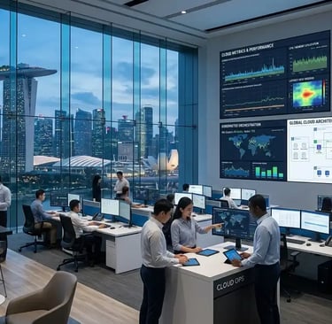 Enterprise cloud operations center managing cloud infrastructure and digital services in Singapore.