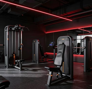A group fitness class in action, with participants moving in sync under red lighting.