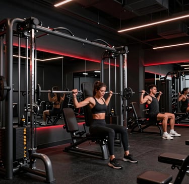 A dynamic shot of a person lifting weights in a sleek gym with black walls and red accents.