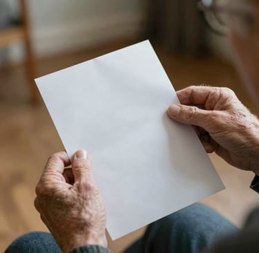 A gentle hand holding a delicate rose-tinted envelope with a wax seal, resting on a wooden table