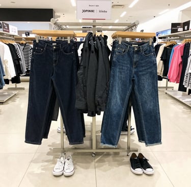 A sleek display of men's fashion outfits featuring modern cuts and neutral tones.